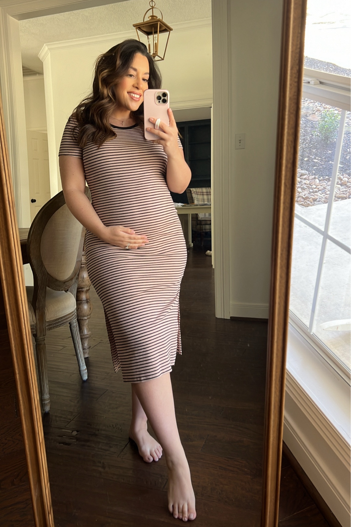 Pink blush maternity dress gorgeous try on and love this casual one that I will be wearing non stop this spring and summer! Their entire website is 30% off today with code PREZ30 

Details
A striped knit maternity midi dress featuring a color blocked crew neckline, short sleeves and double side slits.
Content + Care
66% Rayon 29% Polyester 5% Spandex
Hand Wash Cold, With Like Colors, No Bleach, Lay Flat to Dry
Import

#LTKSpringSale #LTKfindsunder100 #LTKbump
