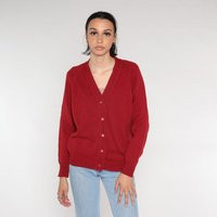 Red Wool Cardigan 80S Button Up Knit Sweater Basic Plain Solid Simple Grandpa V Neck Slouchy Fall Minimalist Vintage 1980S Small S | Etsy (US)