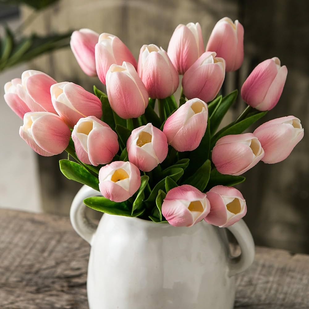20pcs Pink and White Artificial Tulip Flowers, Silk Fake Flowers 13" for Mother's Day, Easter, Va... | Amazon (US)