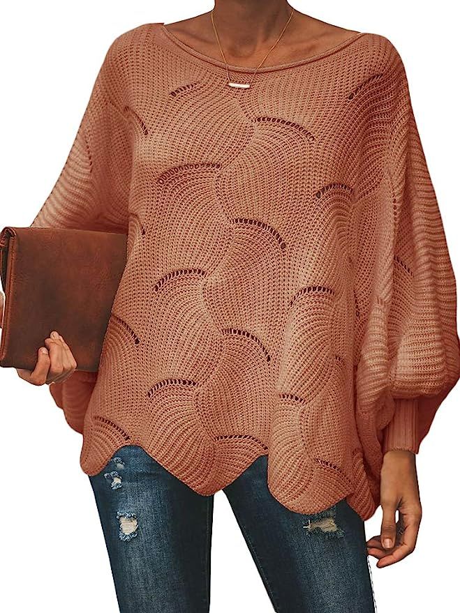 Msikiver Womens Oversized Pullover Sweater Batwing Sleeve Crochet Hollow Out Knit Jumper Cape | Amazon (US)