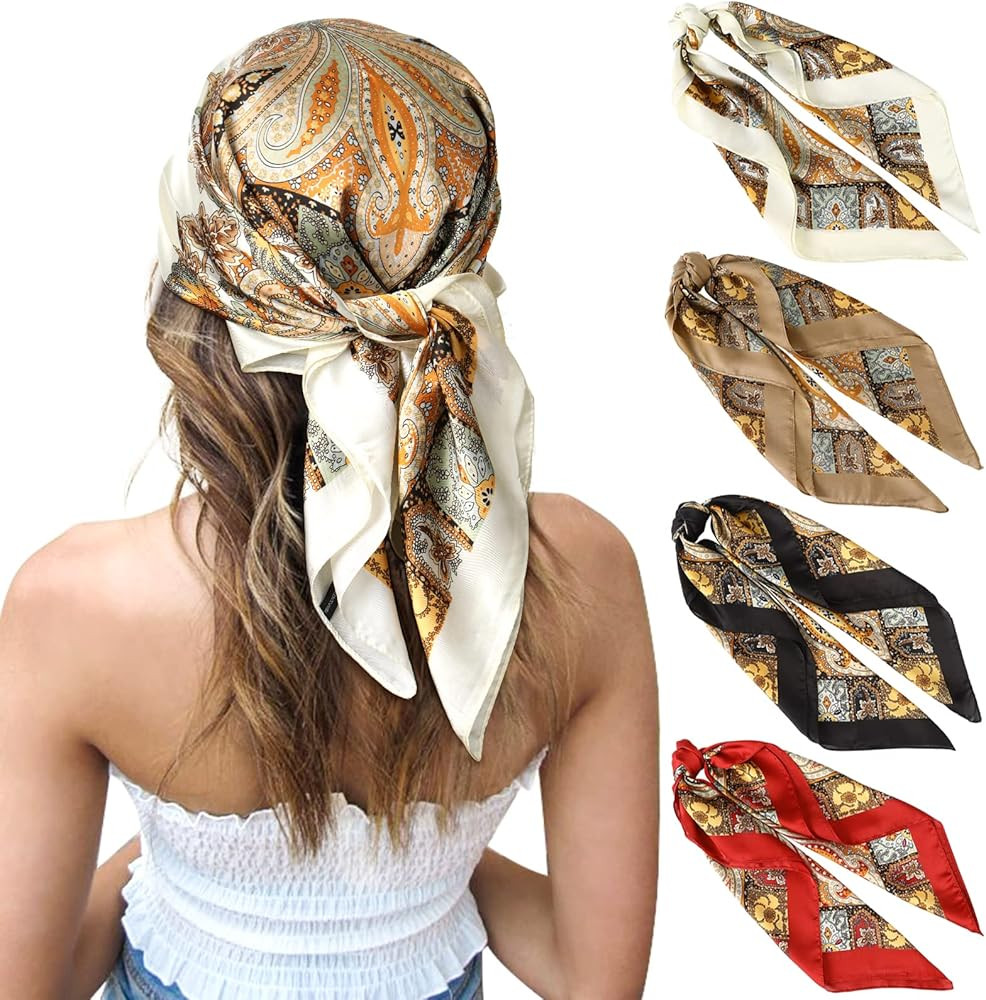 CHLINS 27 Inches Silk Feeling Square Head Scarf - 4 Pcs Satin Square Head Scarves for Women Hair ... | Amazon (US)