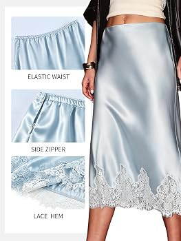 Women's Satin Skirts High Waist Silk Midi Skirt Summer Lace Trim Flowy Cocktail Party A Line Skir... | Amazon (US)