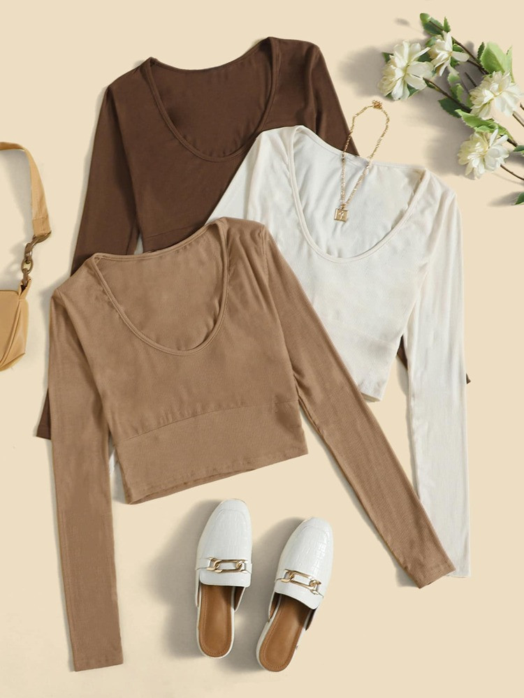 3pcs Solid Scoop Neck Crop Tee | SHEIN