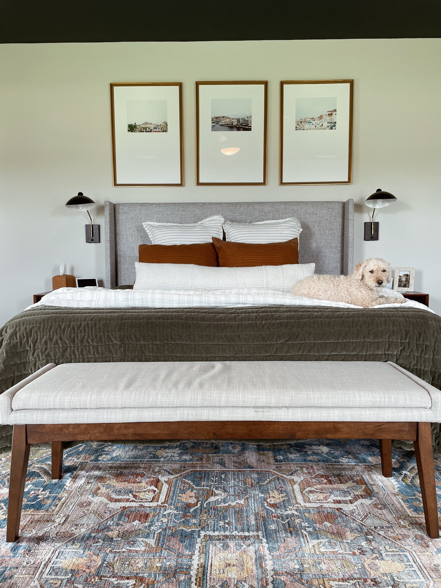 Master bedroom decor, master bedroom design, master bedroom furniture, bedding, headboard, throw pillows, area rug, bedroom rug, wall light, large picture frames, Kleenex box, Kleenex cover

#LTKhome #LTKfamily