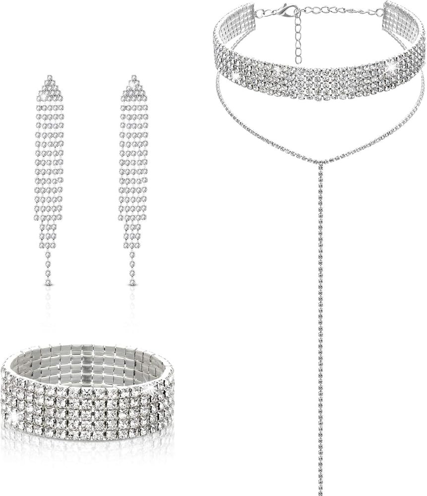 Hicarer Rhinestone Tassel Jewelry Set, Long Diamond Necklace Stretch Bracelet Tassel Choker Chand... | Amazon (US)
