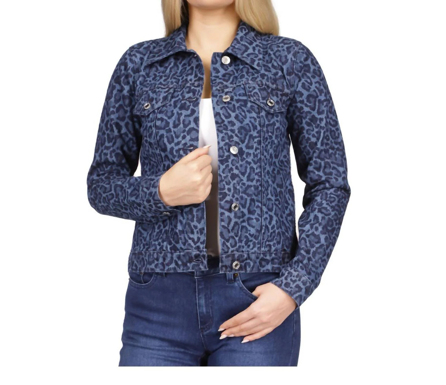 Button Up Spread Collar Animal Print Denim Jacket In Dusk Blue Wash | Shop Simon