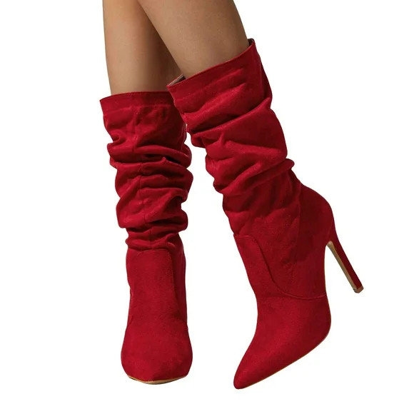 Slouchy Suede Mid Calf Boots for Women Sexy Pointed Toe Stiletto Heels Casual Dressy Booties | Walmart (US)