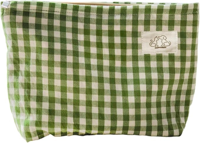 Women Checkered Canvas Makeup Bag Cosmetic Pouch Make Up Travel Purse Organizer, Cute Green Plaid | Amazon (US)