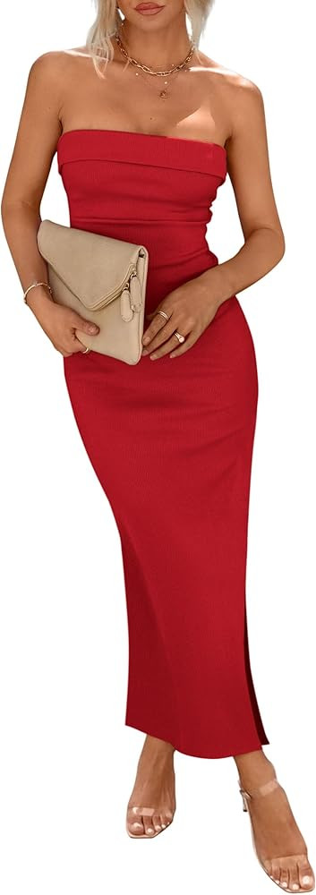 PRETTYGARDEN Women's Summer Bodycon Maxi Tube Dress Ribbed Strapless Side Slit Long Going Out Cas... | Amazon (US)