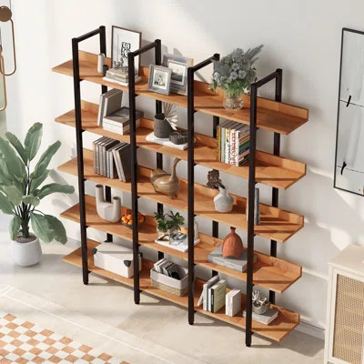 5 Tier Bookcase Home Office Open Shelf, Vintage Industrial Style, MDF Board, Metal Frame | Wayfair North America