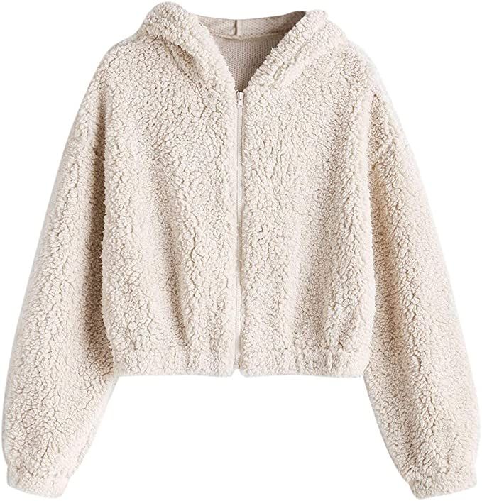 ZAFUL Women's Zip Up Faux Shearling Fluffy Oversized Hooded Teddy Jacket Coat (0-Milk White, S) a... | Amazon (US)
