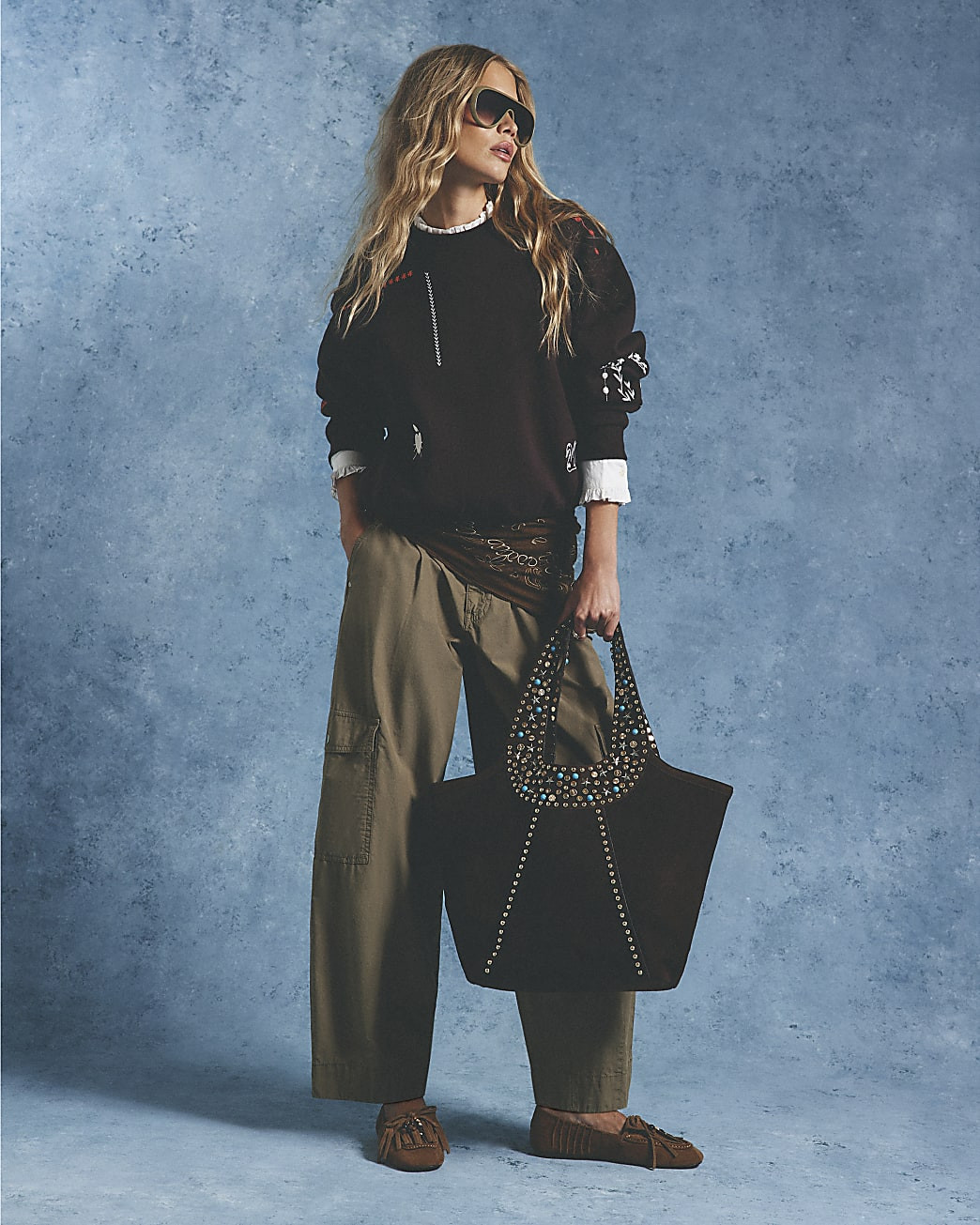 Brown Embroidered Patchwork Sweatshirt | River Island UK & IE