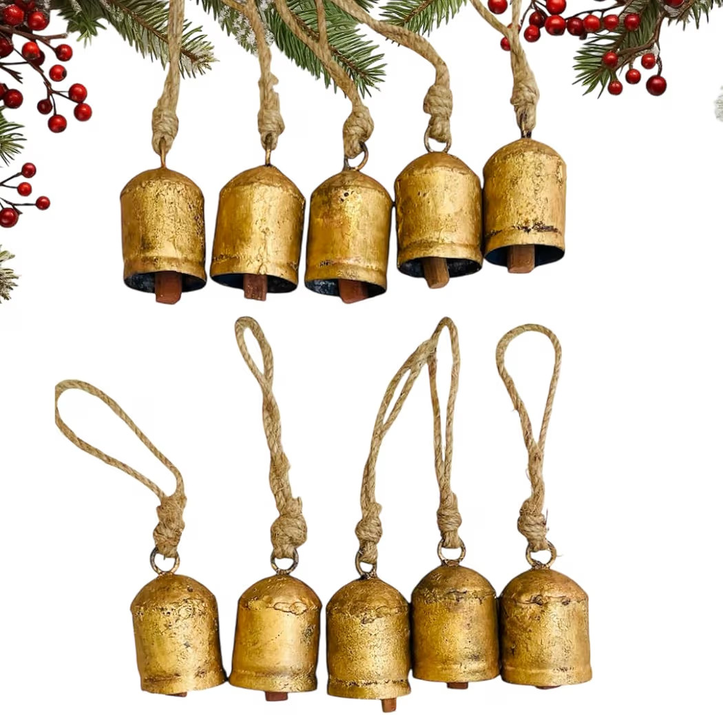Mie Creations Set of 10 Rustic Vintage Cow Bells, Handmade Christmas Bells on Jute Rope, Decorati... | Amazon (US)