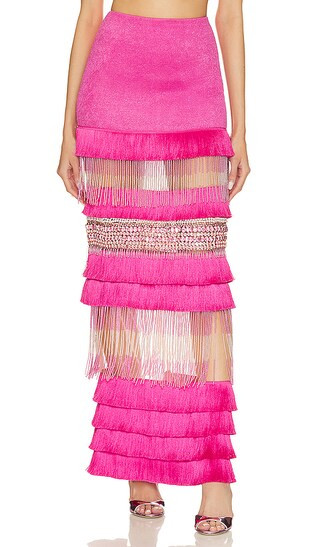 Hand Beaded Fringe Maxi Skirt in Pop Pink | Revolve Clothing (Global)