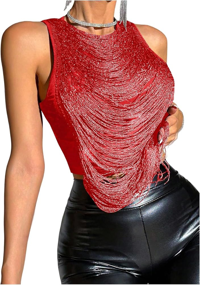 SOLY HUX Women's Fringe Trim Crop Tank Top Sleeveless Crew Neck Going Out Party Tops | Amazon (US)