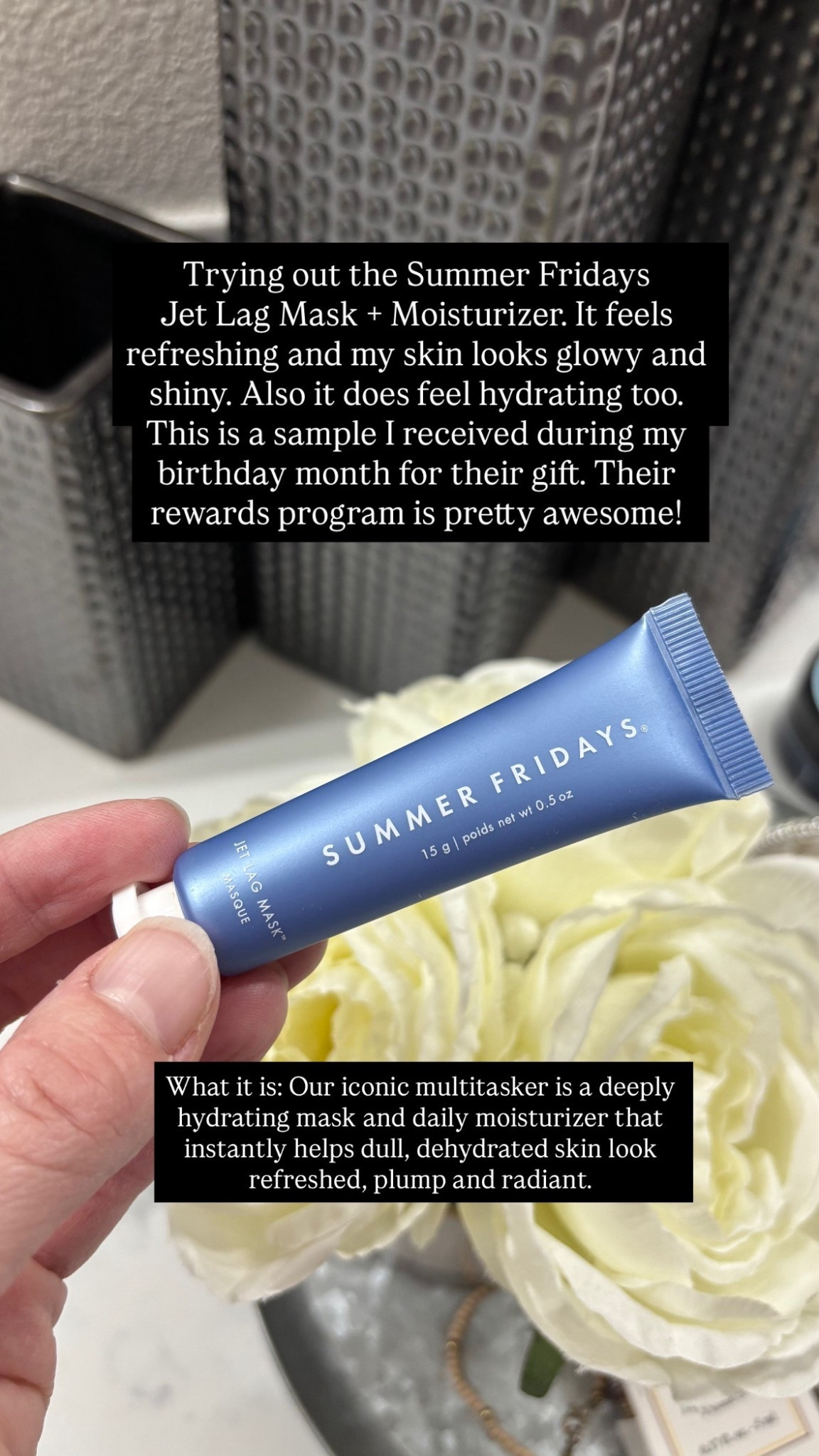 Trying out the Summer Fridays Jet Lag Mask + Moisturizer. It feels refreshing and my skin looks glowy and shiny. Also it does feel hydrating too.
This is a sample I received during my birthday month for their gift. Their rewards program is pretty awesome!

What it is: Our iconic multitasker is a deeply hydrating mask and daily moisturizer that instantly helps dull, dehydrated skin look refreshed, plump and radiant.

#LTKBeauty #LTKvlog #LTKgrwm