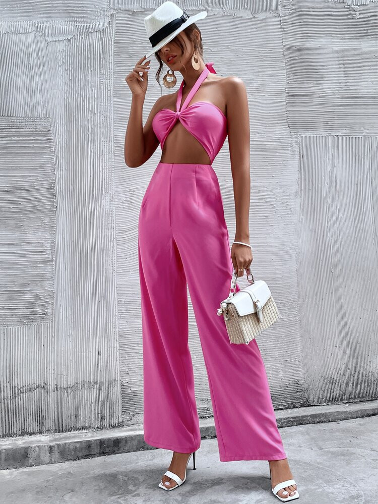 Shirred Low Back Halter Top & Wide Leg Pants Set | SHEIN