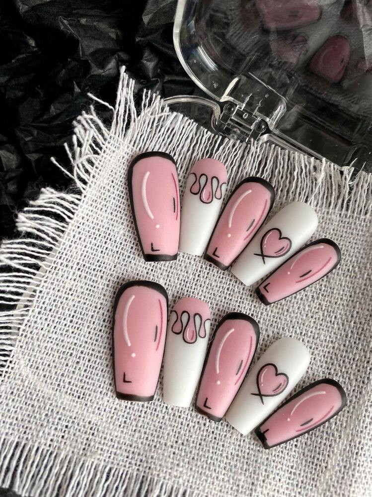 10 Pieces Of Medium To Long Coffin Armor Anime Style 3D Stereoscopic Nail Art Wearable Nail Art Cute Style Detachable Nail Fake Film Fully Covered Nail Art Set Suitable For Office Workers, Students, Political Parties, Girls, Daily Wear In All Seasons, Press On Wearable, Reusable Press On Nails Nail Supplies Nails | SHEIN