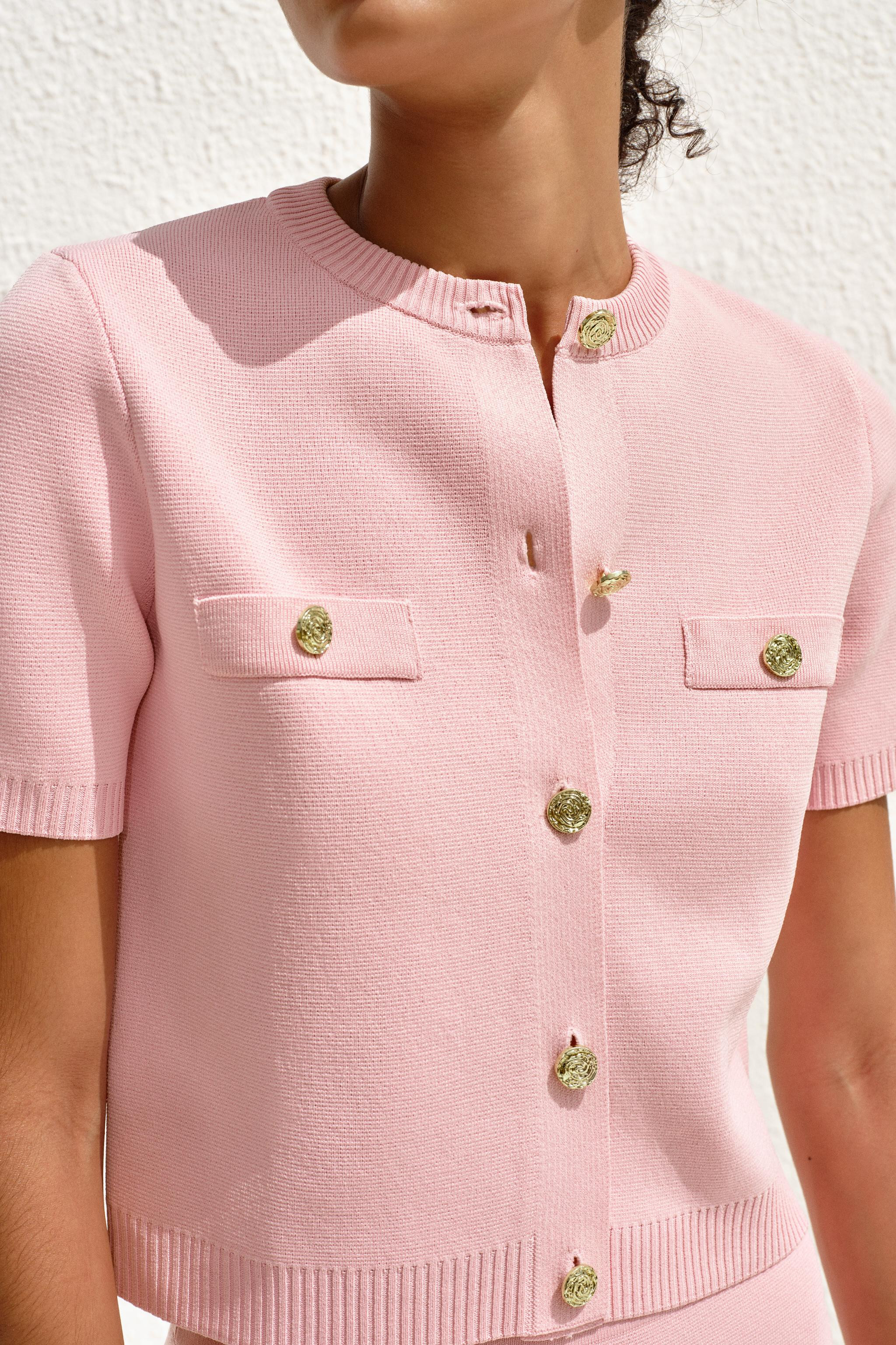 SHORT SLEEVE KNIT CARDIGAN Pastel pink Yellow White | Zara US