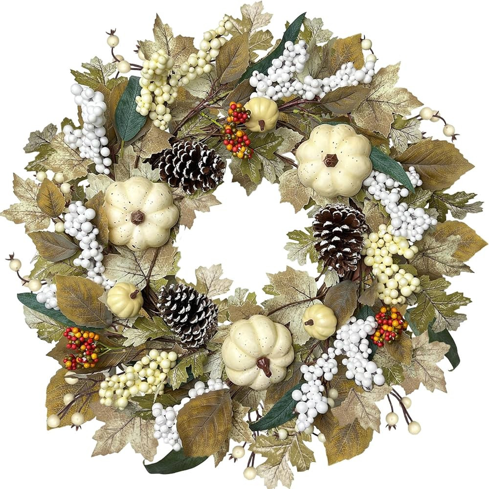 24 Inch Fall Wreath for Front Door,Outdoor Large Fall Door Wreath with White Pumpkin, Berry Pinec... | Amazon (US)