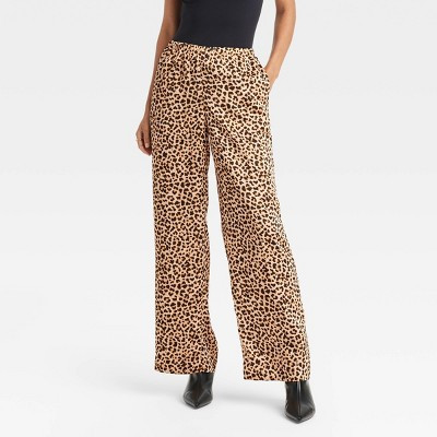 Women's Mid-Rise Straight Leg Satin Pull-On Pants - A New Day™ Leopard Print M | Target