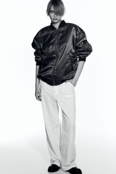 Linen-blend Straight Pants - Regular waist - Long - White - Ladies | H&M US | H&M (US + CA)