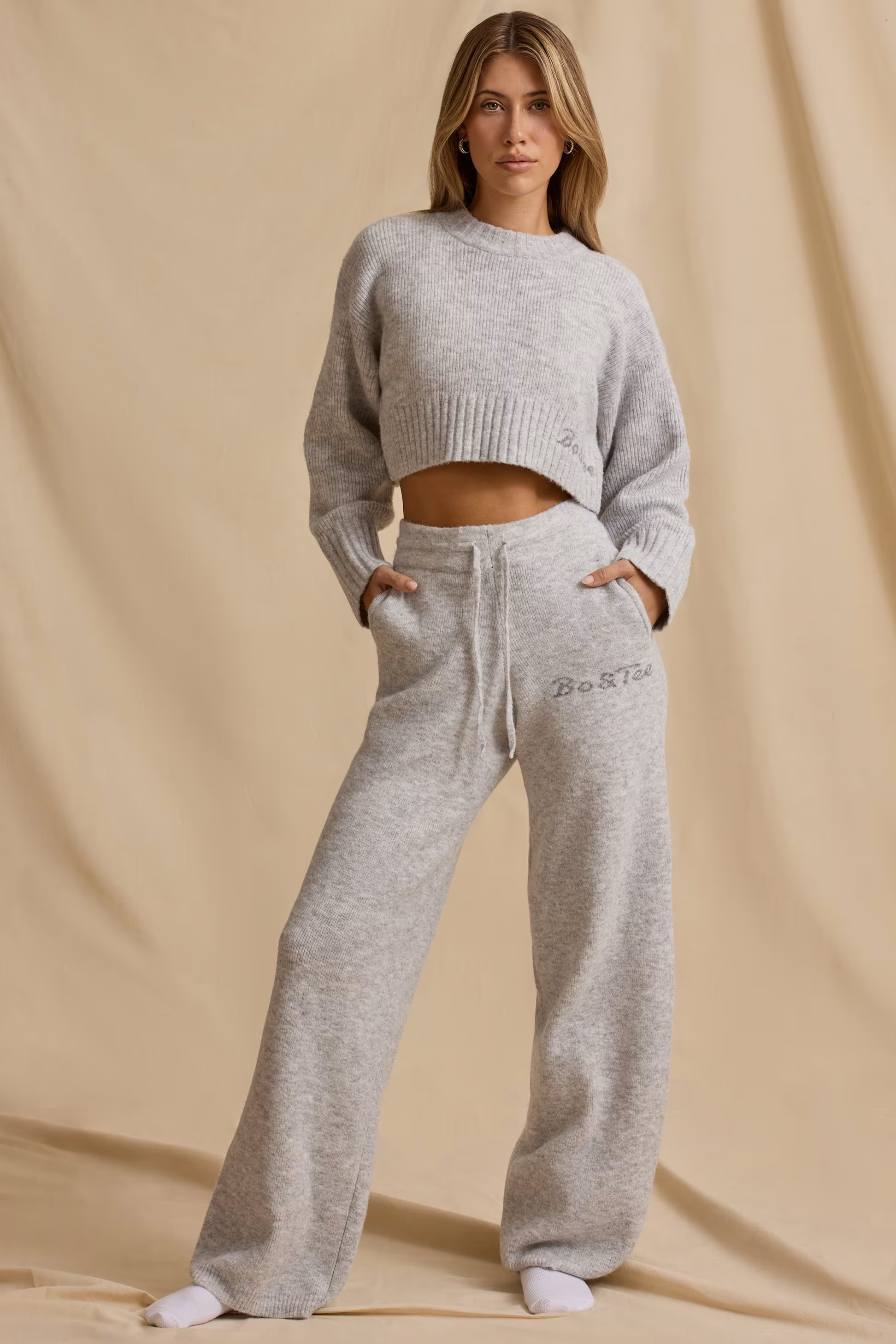 Mid-Rise Wide-Leg Joggers in Ice Marl | Bo&Tee