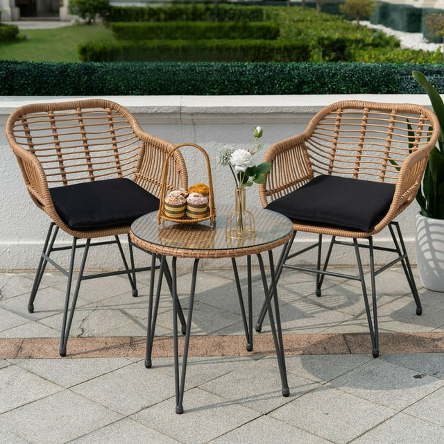 Tappio 3 Piece Outdoor Wicker Furniture Patio Bistro Set, PE Rattan Patio Chairs Set w/Table & Cu... | Walmart (US)