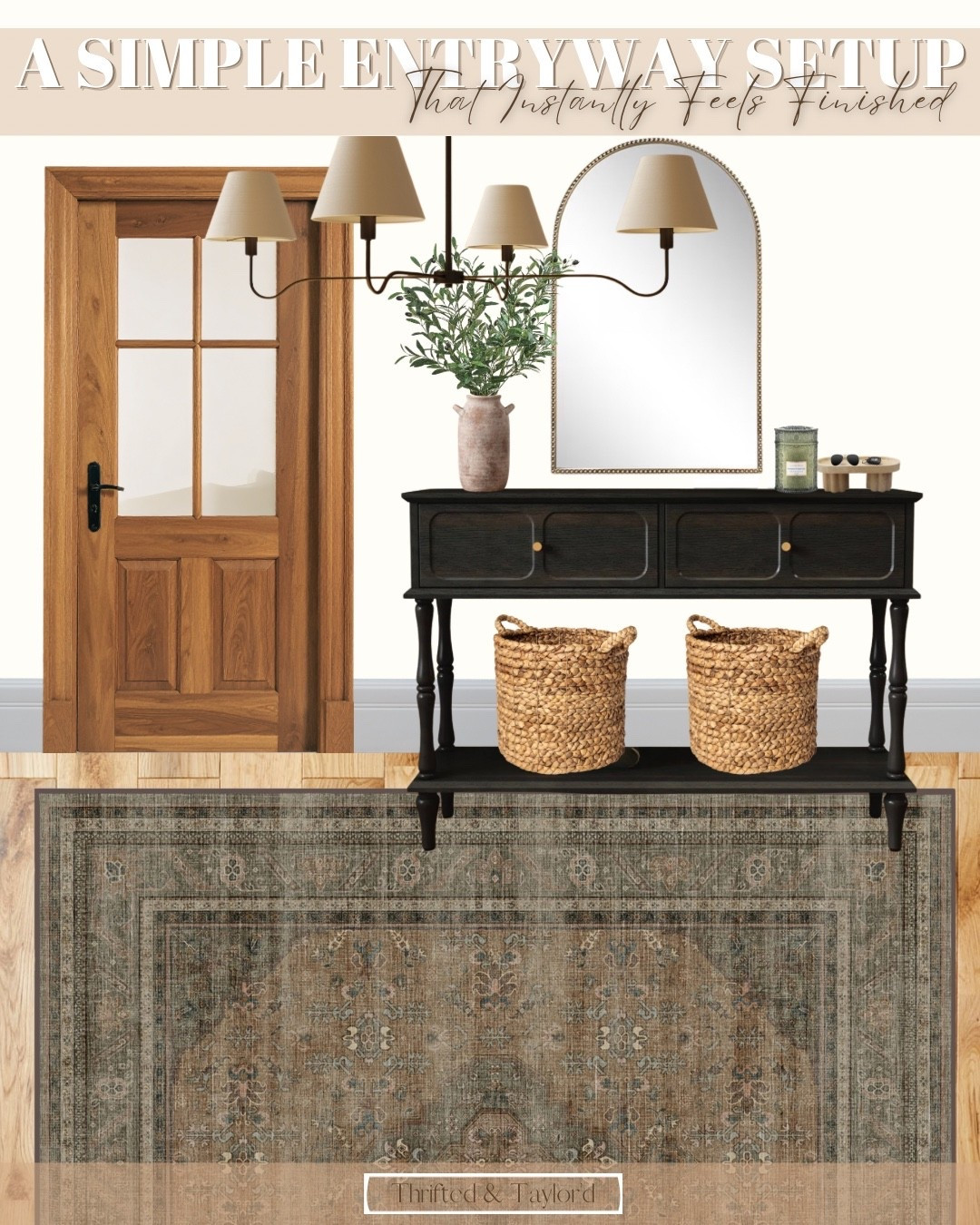 This is one of my favorite ways to style an entryway when you want it to feel finished without feeling overdone. A simple console table anchors the space, a mirror adds height and light, and warm  lighting instantly makes it feel more welcoming. I always love adding baskets underneath for hidden storage — practical, but still soft and textured.
This kind of setup works whether you have a true entryway or just a small wall near the front door. It’s timeless, easy to update seasonally, and made up of pieces you’ll use for years. I’ve linked all the items I used here so you can recreate this look in your own home.

#LTKHome