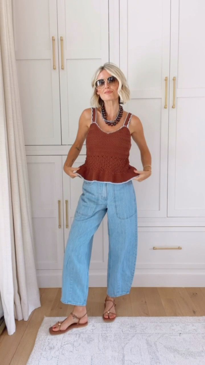 The brown crochet texture of this tank with the blue barrel denim is so fun! I love a color block look. Wearing S/4

Loverly grey, crochet tank, how to style brown crochet sweater tank, how to style barrel jeans, womens fashion, affordable target finds, under 50 womens summer outfits

#LTKSeasonal