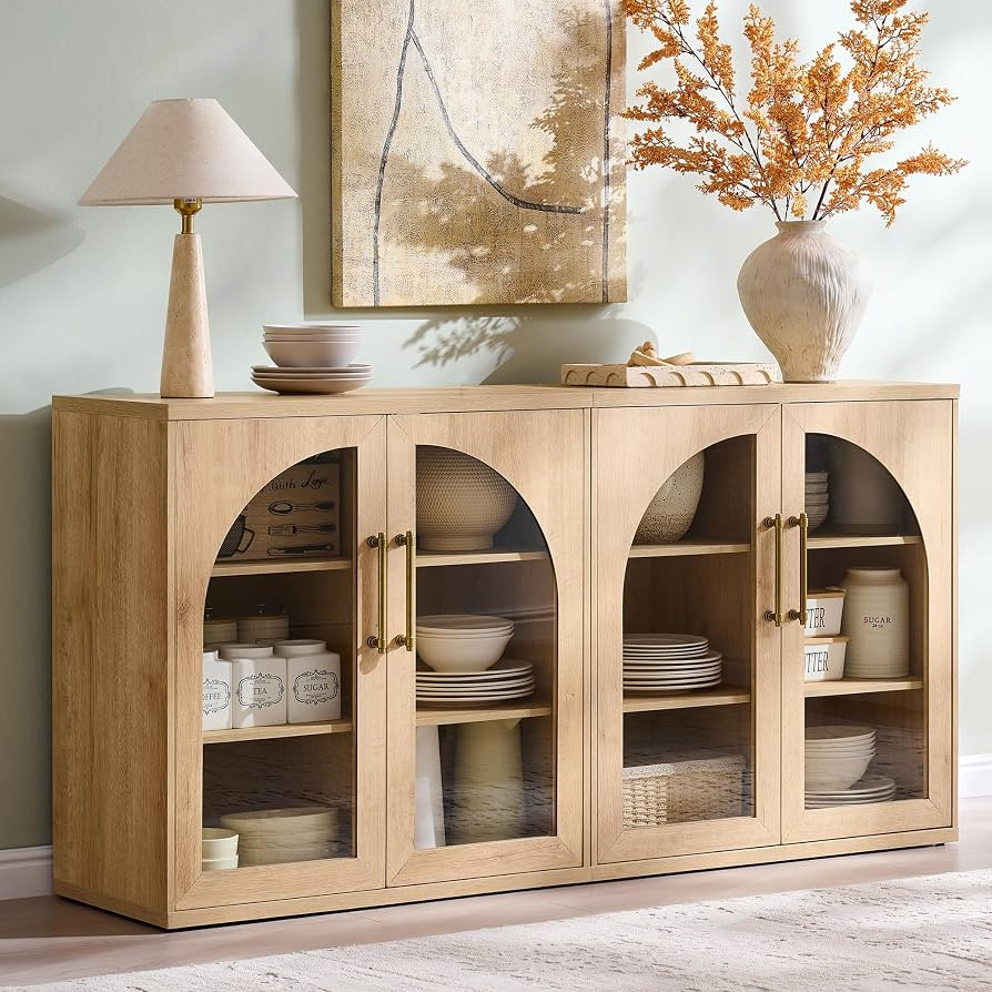 Glass Arched Door Sideboard Buffet Cabinet Set of 2, Natural Oak | Amazon (US)