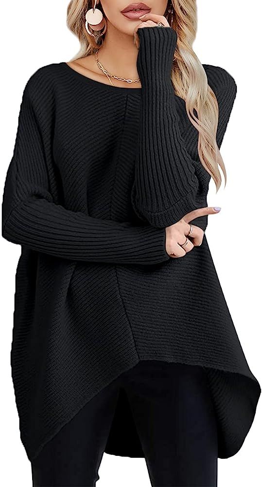 Caracilia Womens Boat Neck Long Batwing Sleeve Asymmetric Hem Casual Oversized Pullover Sweater Knit | Amazon (US)