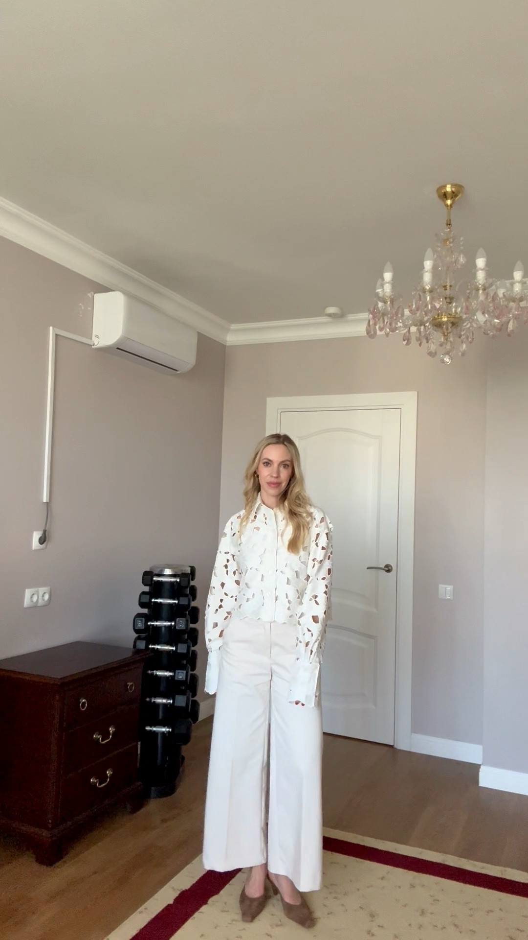 Work outfit, eyelet lace shirt, wide leg cropped pants, suede mules, summer workwear 2026

#LTKWorkwear #LTKOver40 #LTKSeasonal