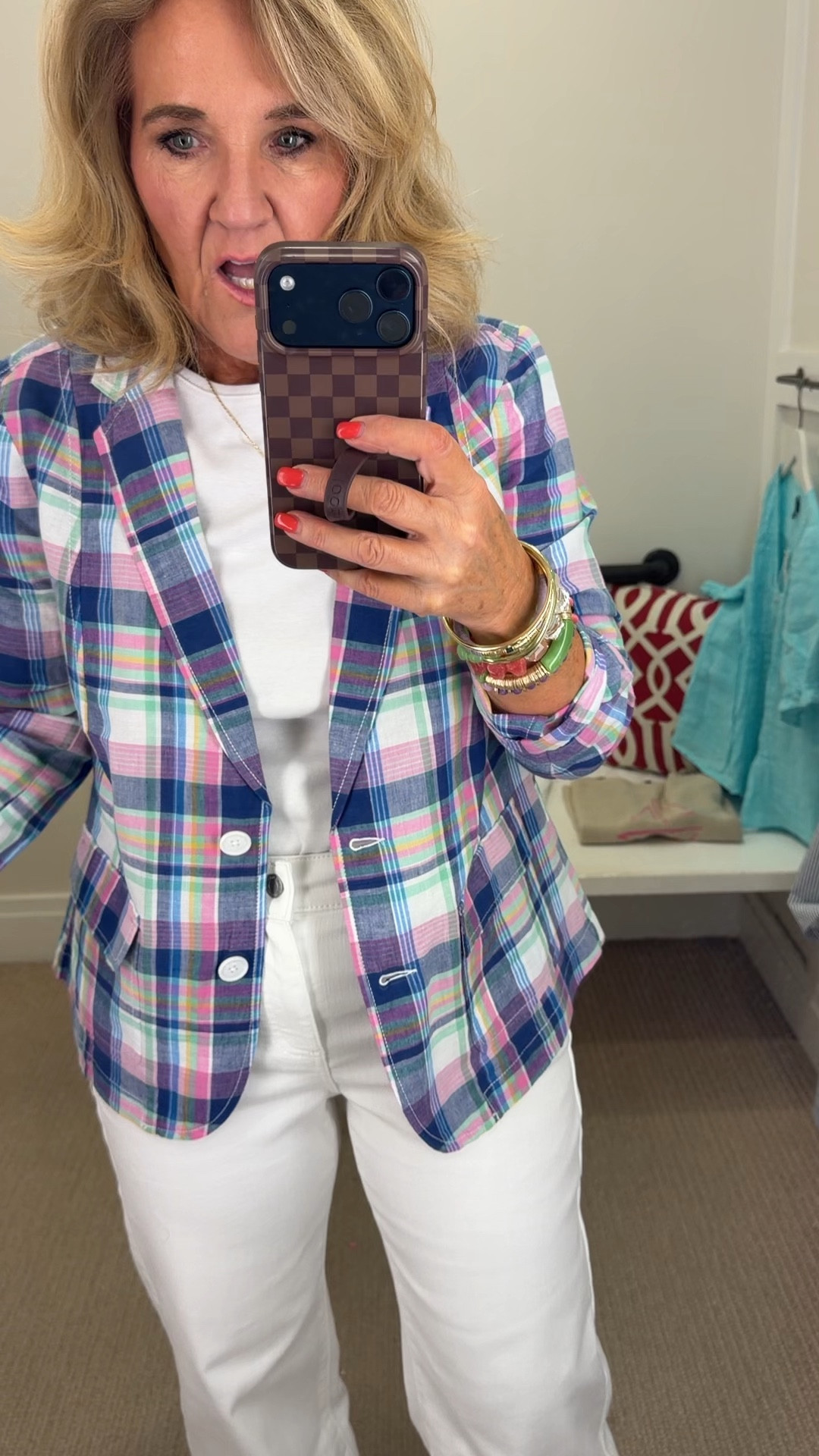 Talbots new arrivals! Sizes below 
Pink jeans 6 reg 
Gingham shirt medium 
Brown white stripe top wearing an XS but need a small 
Brown linen pants 8 petite 
Brown sweater medium reg
Brown blazer 10 petite
Tam white floral pants 8 petite 
White crochet sweater large 
Seersucker pants 8 petite 
Seersucker blazer 10 petite 
Tan sailboat sweater large 
Plaid shorts 8 petite
Navy dress 6 reg (my usual size at Talbots) 
Pink floral linen dress wearing a 6 I need the 8 so I’d say size up in this one 
Short sleeve linen jacket medium petite 
Satin stripe pants wearing a small reg need a medium reg so I’d say size up 
Plaid blazer 10 petite unlined very unstructured but love it 
White jeans nice weight and stretch size 8 petite 
Blue linen wearing a medium but I’d say size down as it was too big 

#LTKSaleAlert #LTKOver40 #LTKWorkwear