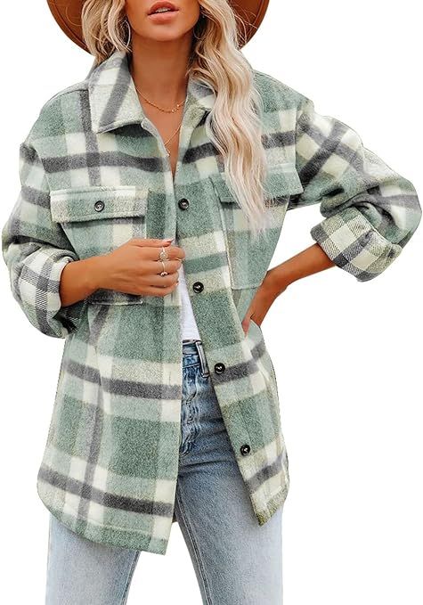 Dokotoo Womens Casual Plaid Button Down Long Sleeve Shirts Flannel Shacket Jacket Coats | Amazon (US)