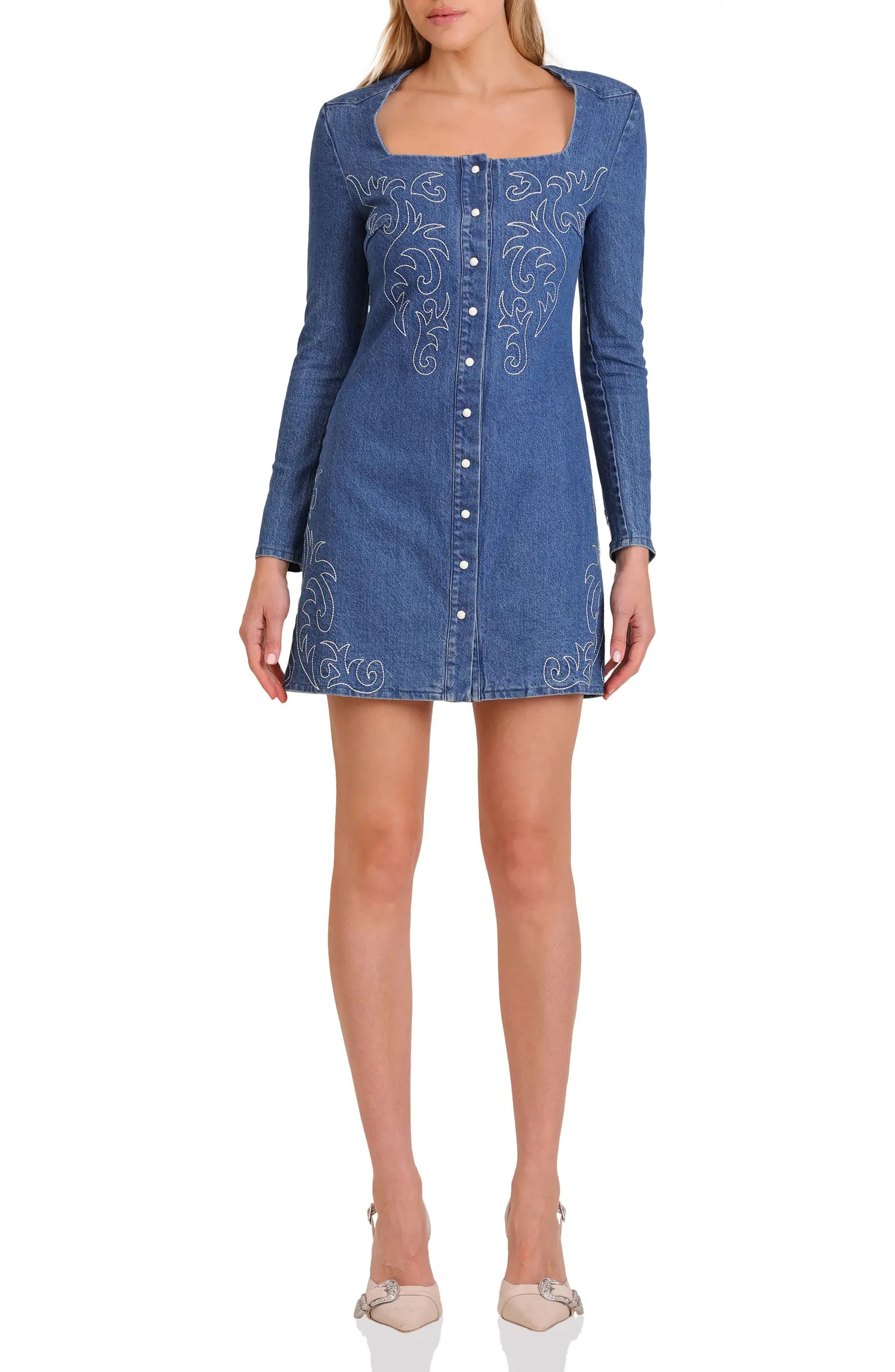 Avec Les Filles Western Embroidery Long Sleeve Denim Minidress | Nordstromrack | Nordstrom Rack