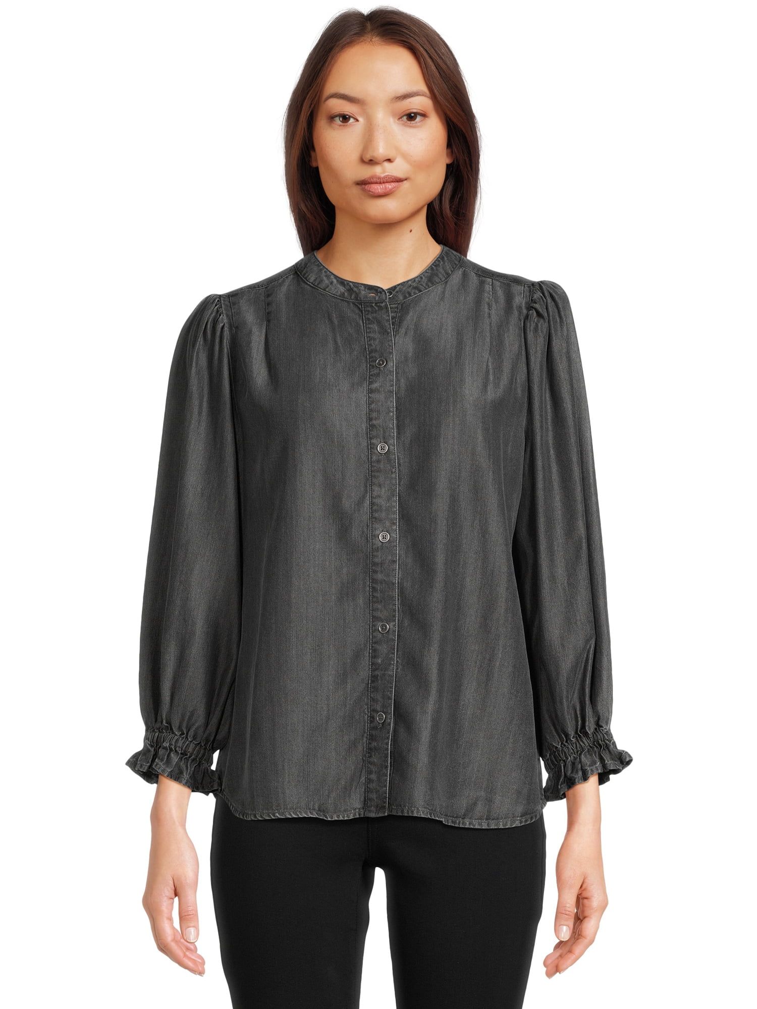Time and Tru Women’s Acid-Washed Top with Puff Sleeves, Sizes XS-3XL | Walmart (US)