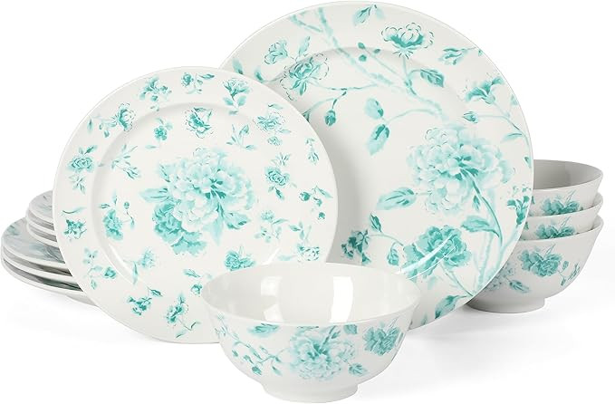Martha Stewart Empress Bouquet Decorated Porcelain Dinnerware Plates and Bowls Set - Teal Floral,... | Amazon (US)