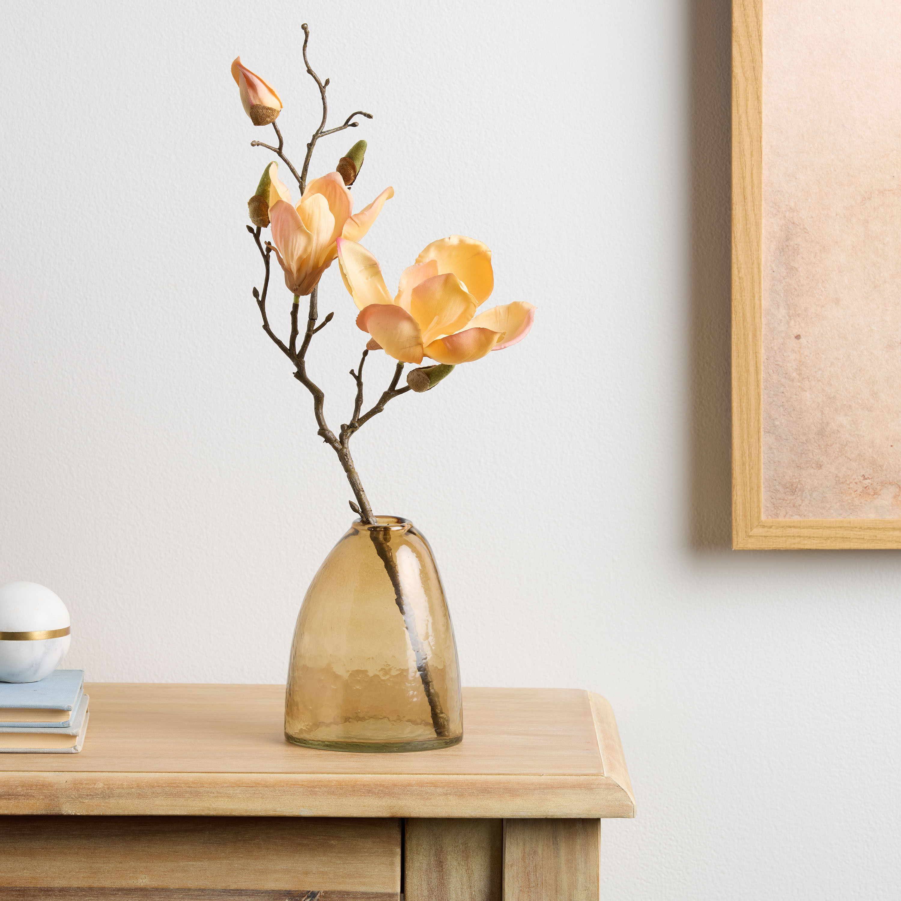 Apricot Faux Magnolia Spray with Brown Glass Vase - World Market | World Market