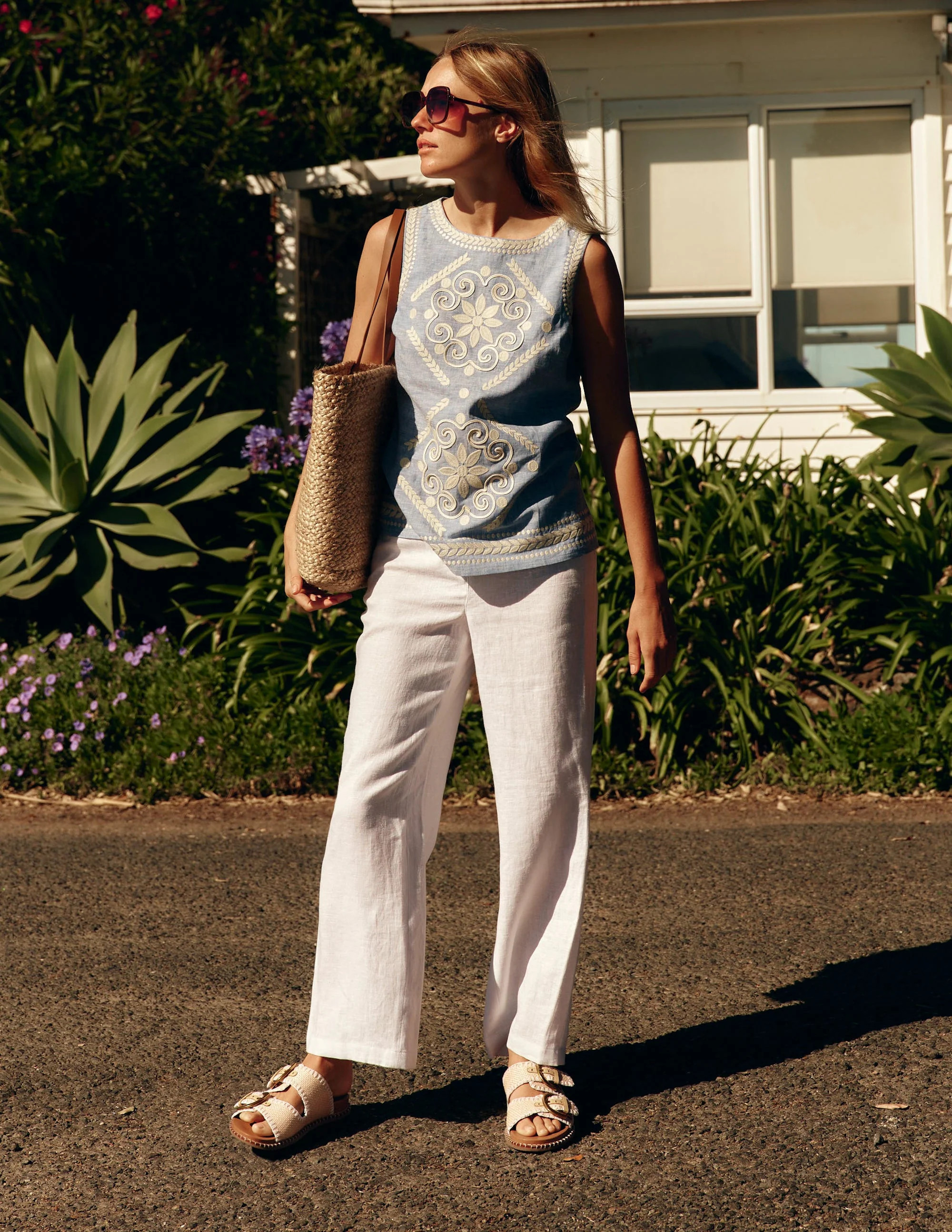 Embroidered Linen Blend Top-Chambray | Boden (US)