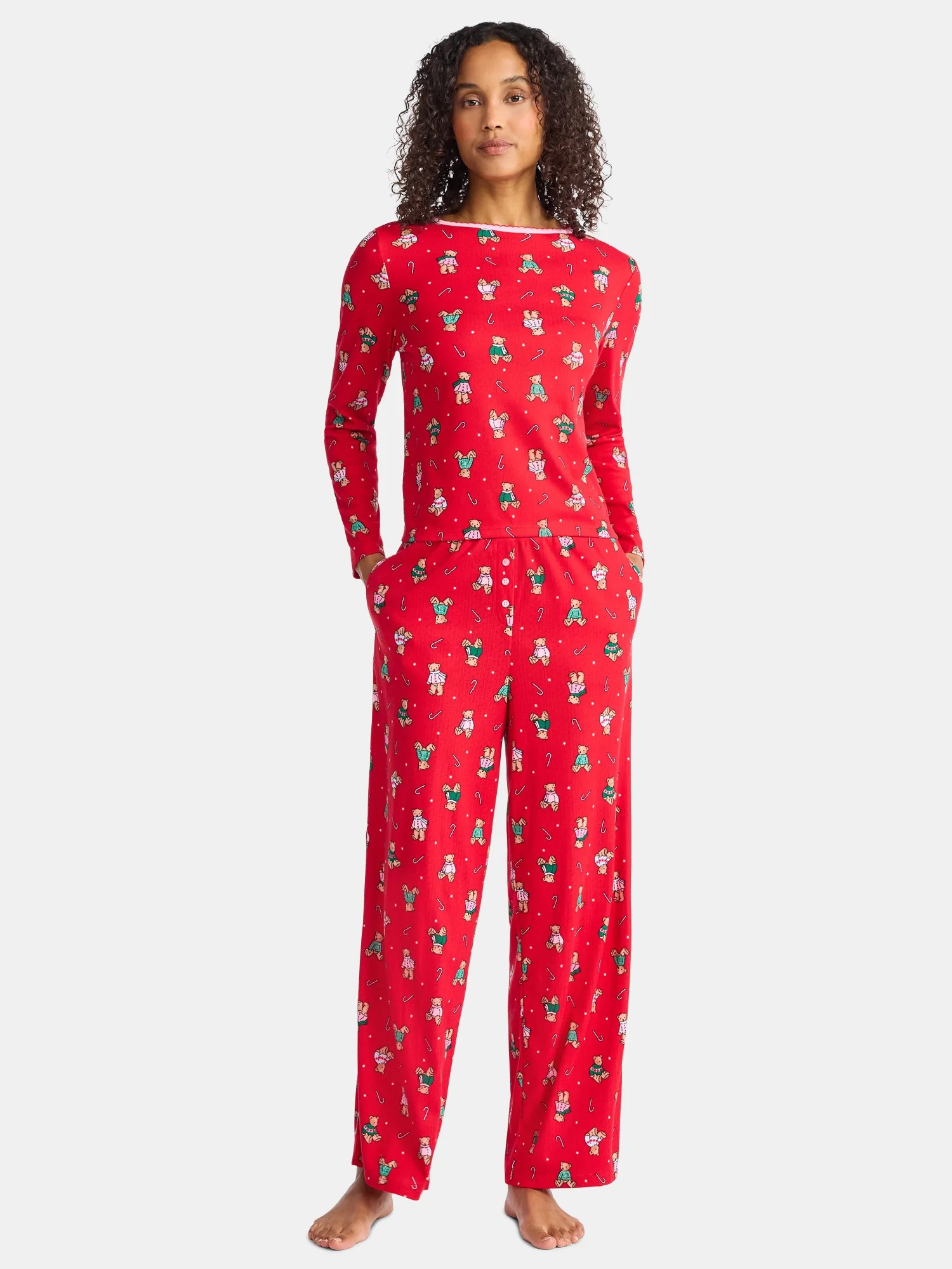 Women's Holiday Time 2-Piece Long Sleeve and Wide Leg Pants Christmas Pajama Set, Sizes XS-3X | Walmart (US)
