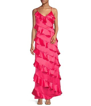 Belle by Badgley Mischka Maren Satin Chiffon A-Line Dress | Dillard's | Dillard's