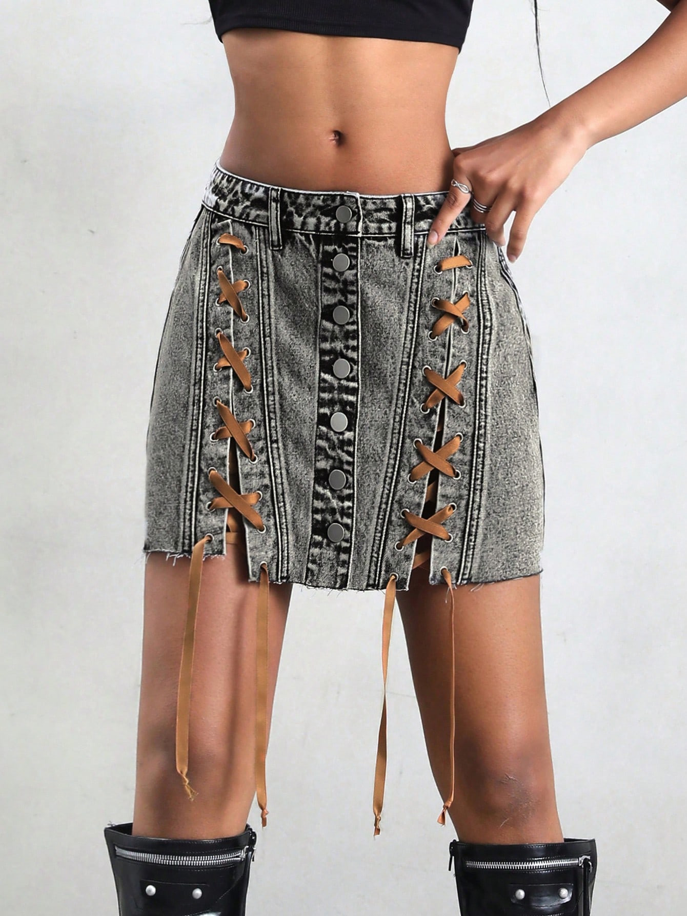 Jeanoix Lace Up Front Denim Skirt Without Belt | SHEIN