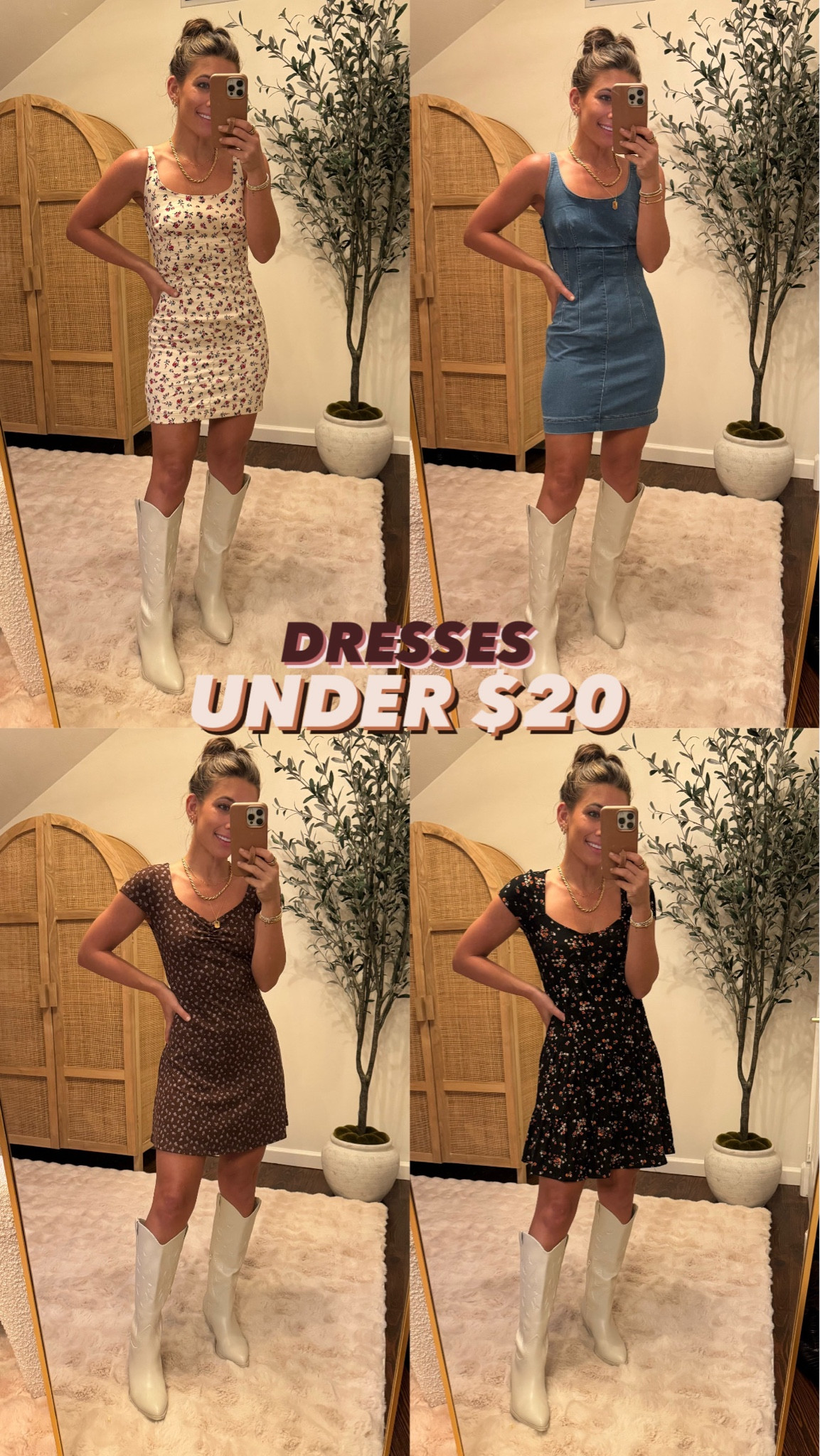 Denim dress size XXS
White cowboy boots size 7
Floral white dress size XXS
Black dress size XS
Brown dress size XS

 @walmartfashion #walmartpartner #walmartfashion #dresses #cowboyboots #concert #laurabeverlin

#LTKFindsUnder50 #LTKSaleAlert #LTKBacktoSchool