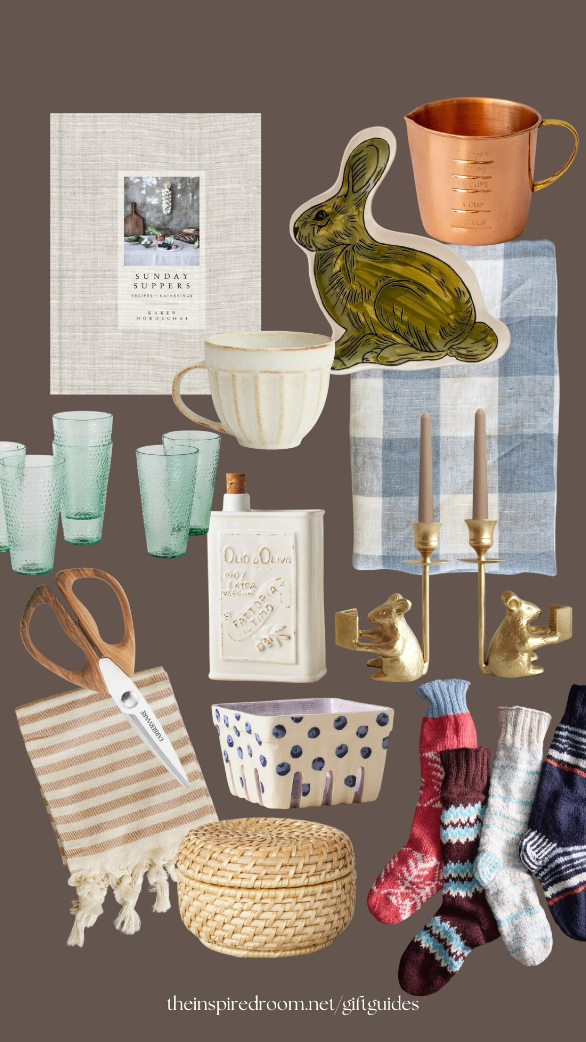 Gift ideas - brass mouse taper candle holders, cookbook bunny plate buffalo check table runner socks towel wood scissors blue glasses mug berry bowl small rattan lidded basket olive oil copper measuring cup 

#LTKHome #LTKSaleAlert #LTKGiftGuide