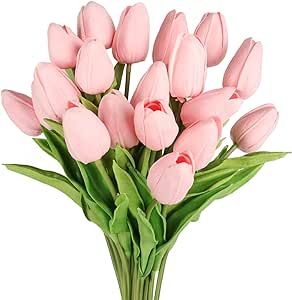 Tulips Artificial Flowers 20 Pcs Pink Fake Tulip Stems Real Touch PU Tulips for Easter Spring Wed... | Amazon (US)