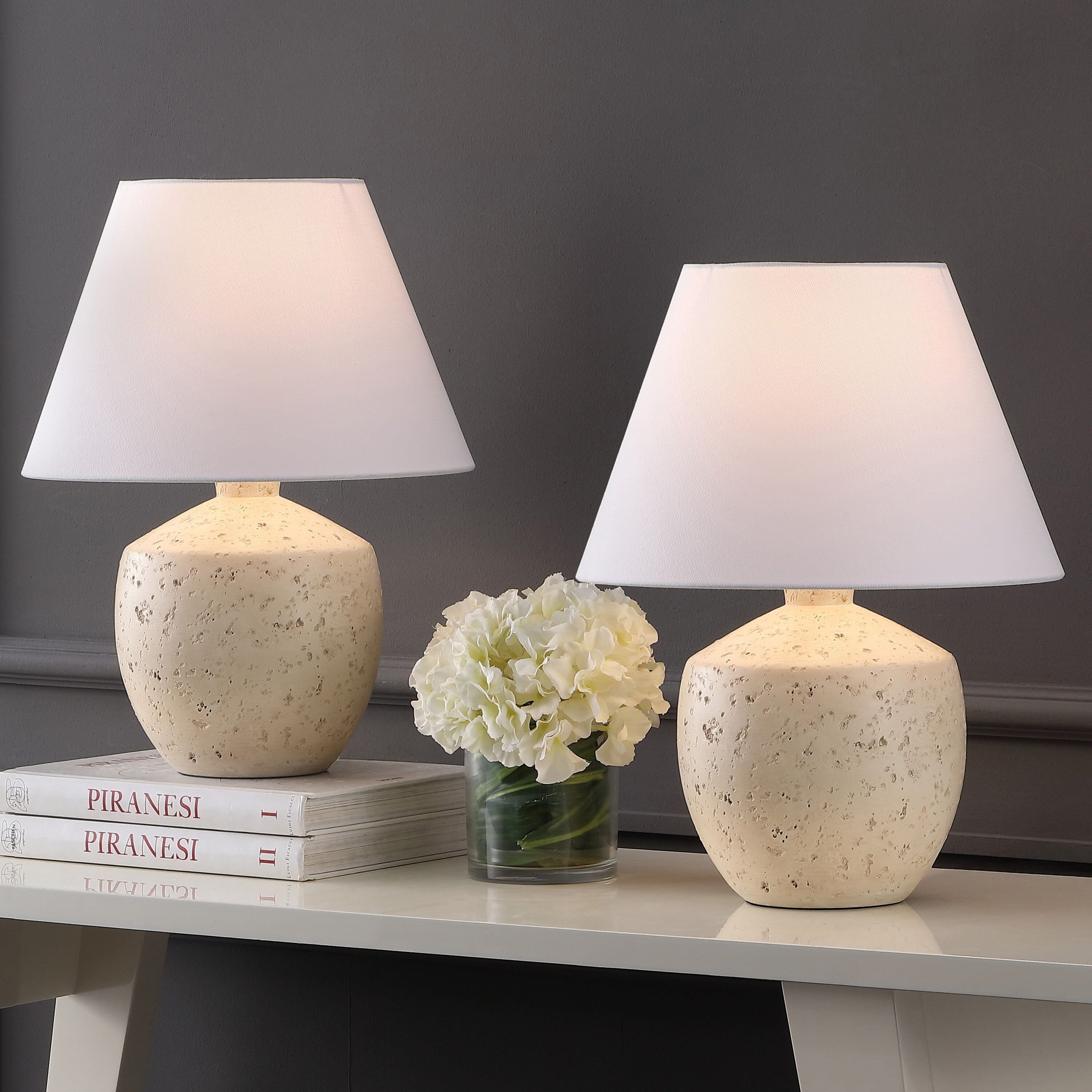 JONATHAN Y Myron Minimalist Scandinavian Concrete Effect Resin/Iron 18-in Cream LED Rotary socket Table Lamp with Linen Shade 2 -Set | JYL5606C-SET2 | Lowe's