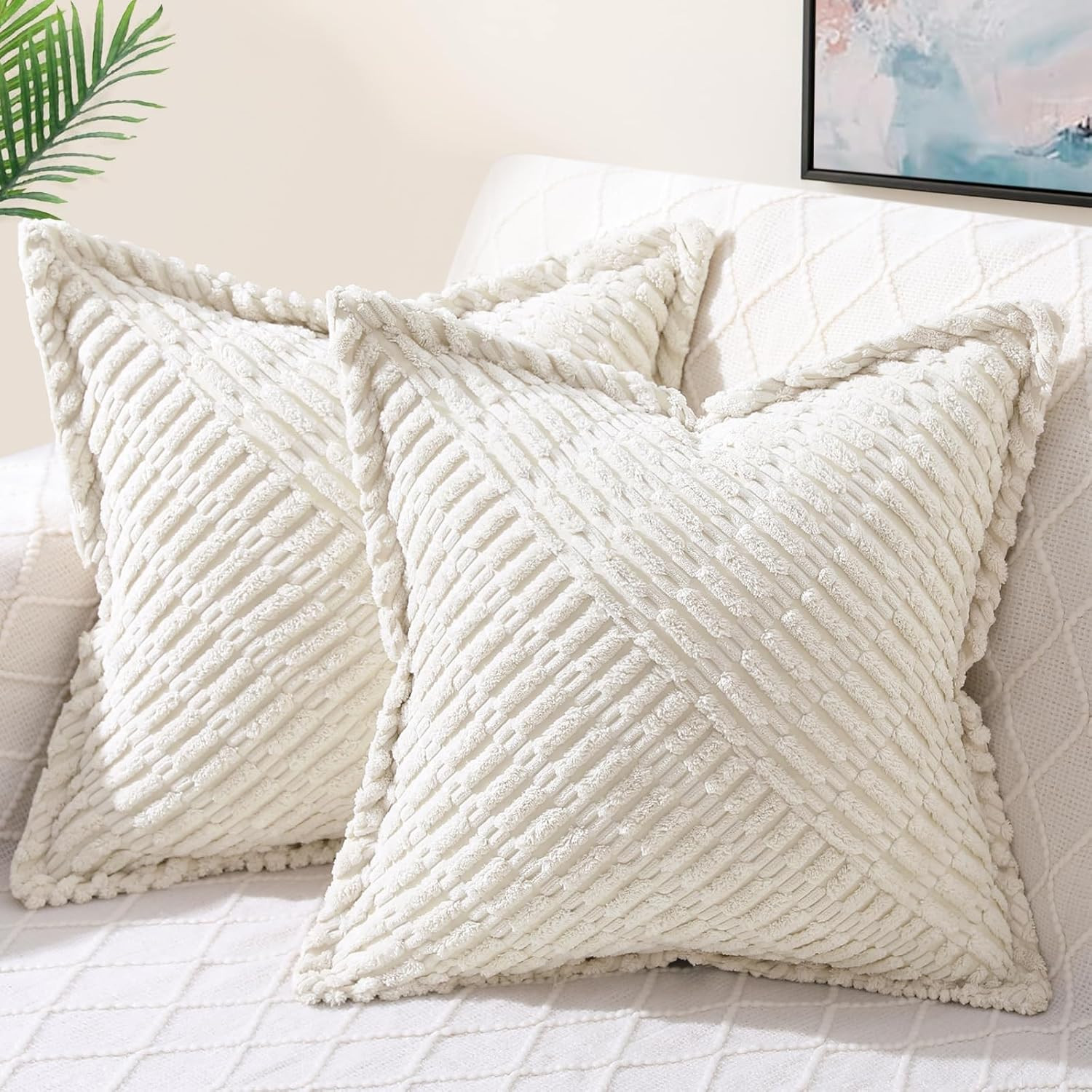 decorUhome Decorative Cream White Throw Pillow Covers 18x18 Set of 2 with Splicing, Boho Soft Cor... | Amazon (US)