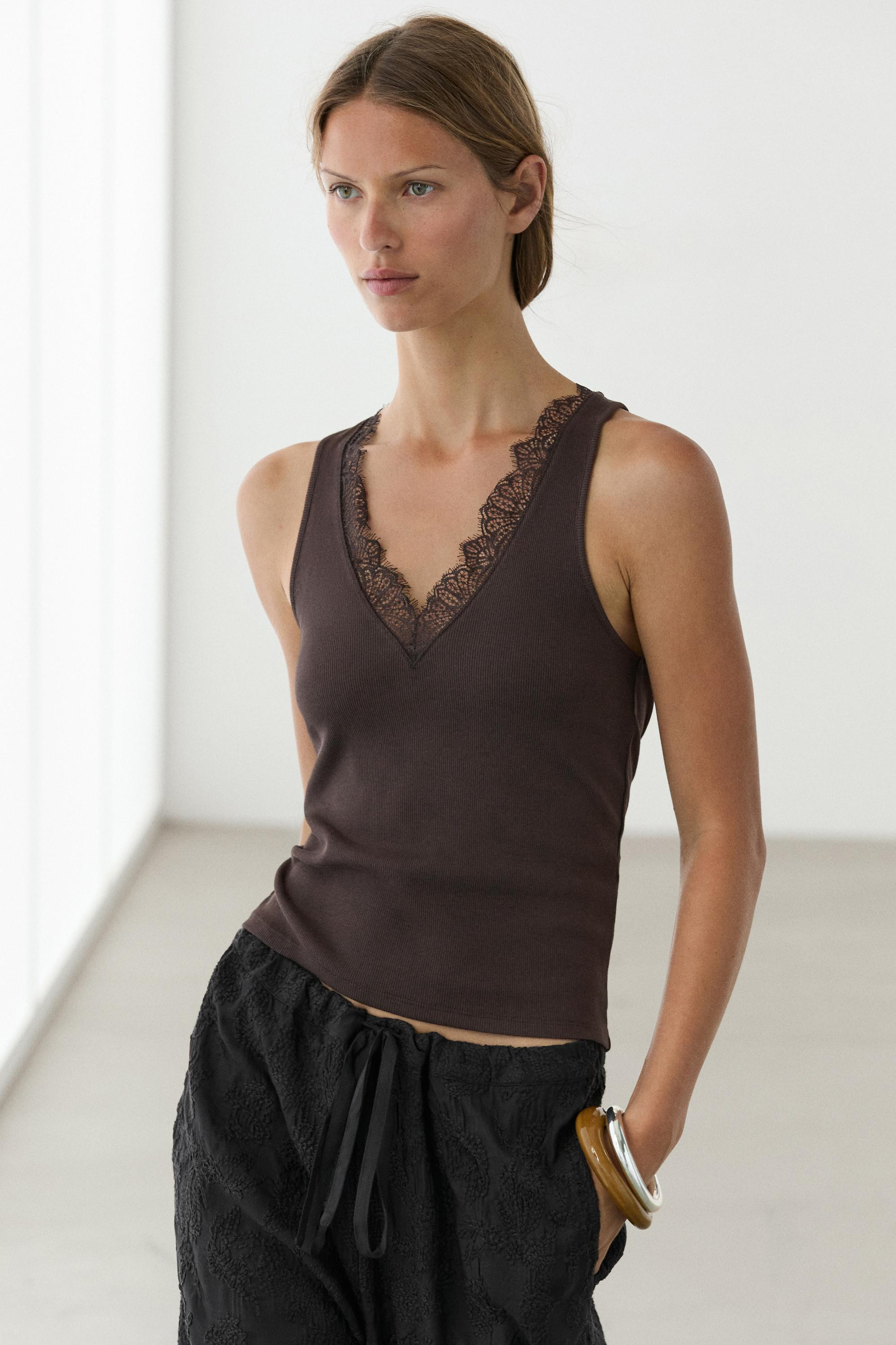 V-neck top with lace detail · Brown, Cream, Black · T-shirt | Massimo Dutti | Massimo Dutti US