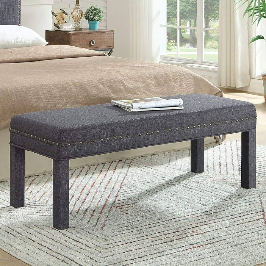 24KF Upholstered Linen Bed Bench with Nail Head Trim,Padded Tufted Bench -Dark Gray | Amazon (US)